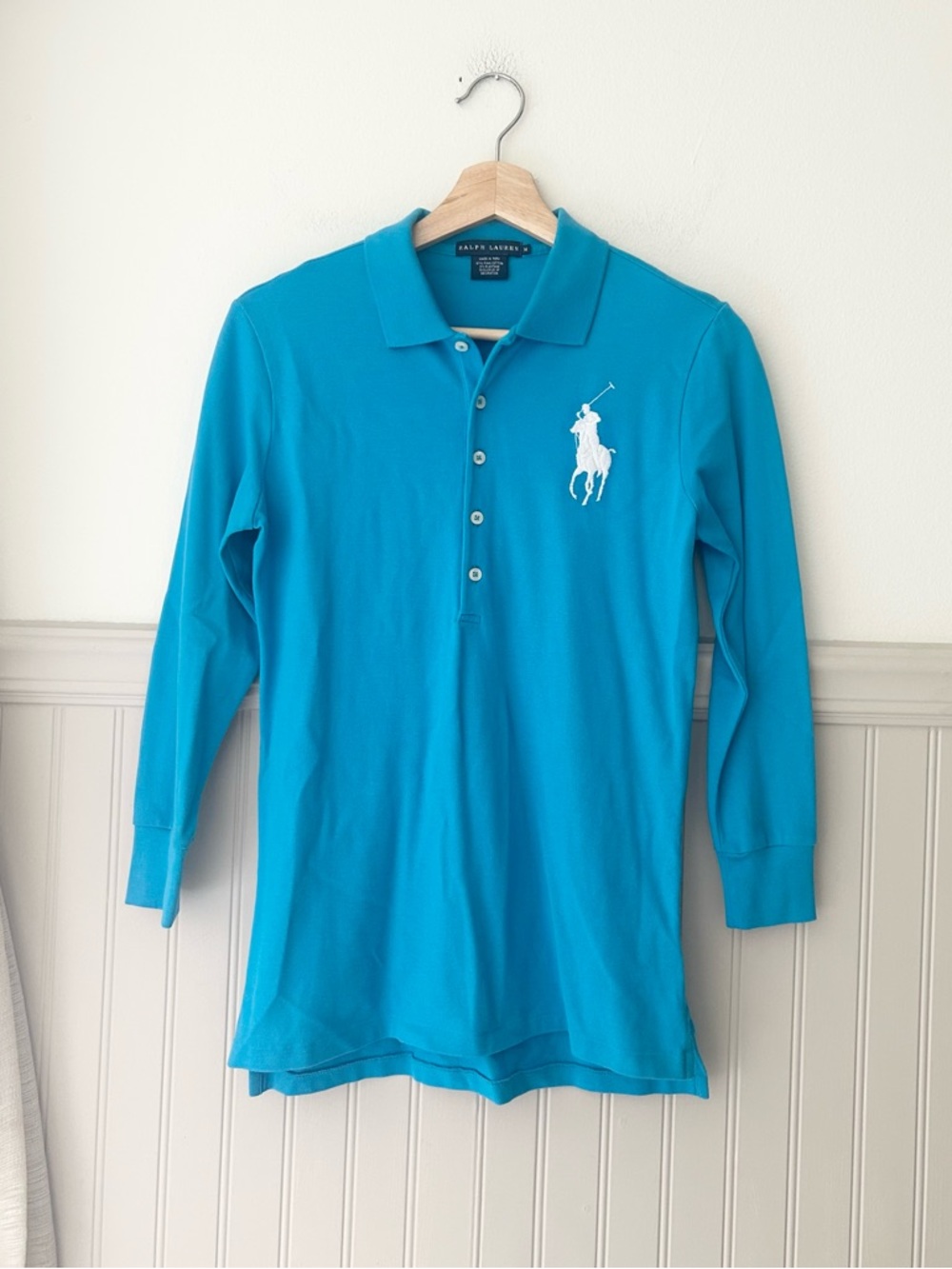 Y2K Ralph Lauren Medium Blue Long Sleeve Polo with White Big Pony